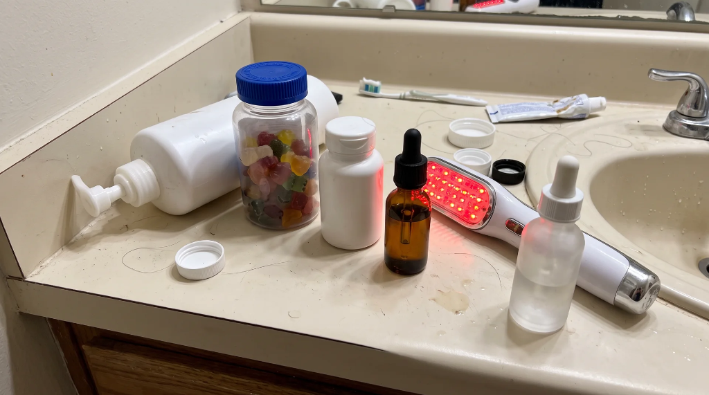 An assortment of hair-loss products on a bathroom counter, including a red-light therapy comb, dropper bottles, vitamins, and shampoo.